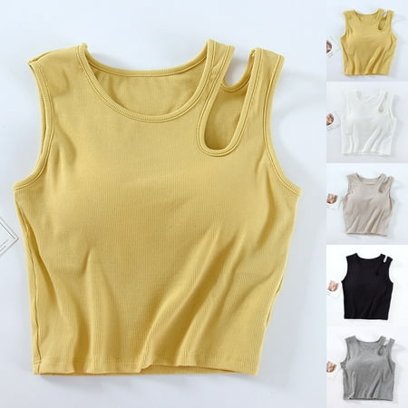 Jinhomg Womens Sleeveless Crop Top Trendy Irregular Summer Camisole Lightweight Comfy Solid Crew Neck Tank Shirts with Built in Bra White M