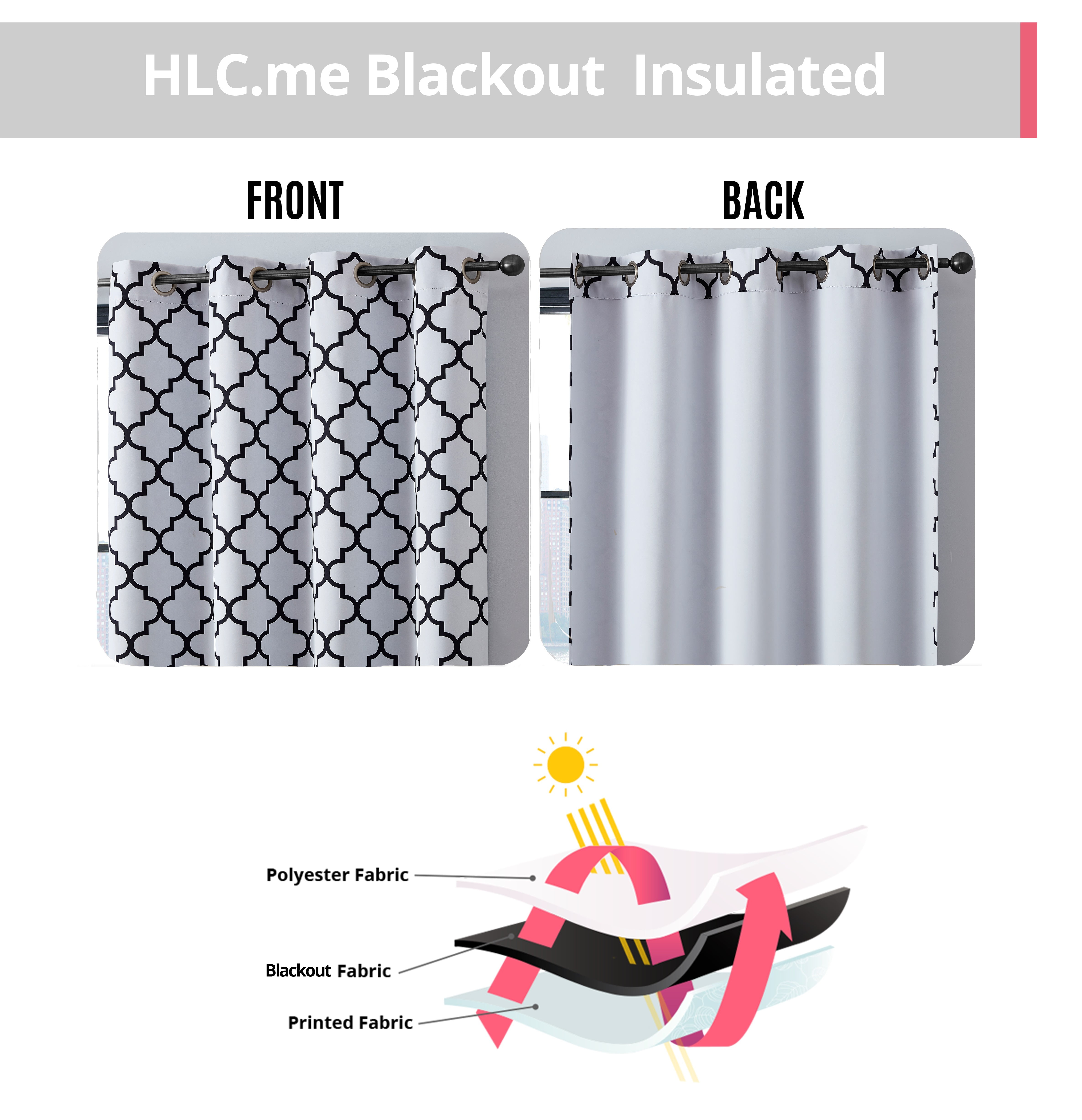 THD Moroccan Trellis Lattice Decorative Blackout Thermal Privacy Room Darkening Grommet Window Drapes Curtain Panels for Bedroom - Set of 2 (Platinum White Black, 37 W x 72 L)