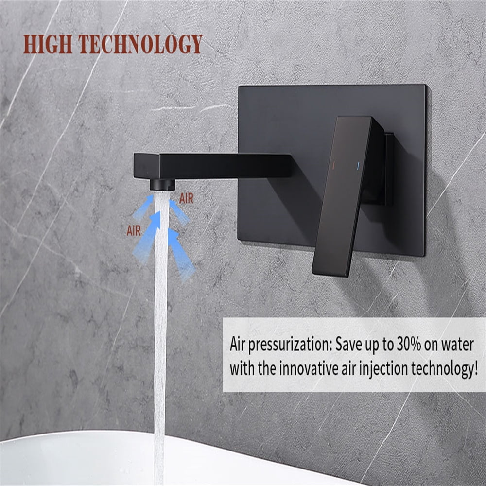 Tcbosik Wall Mount Faucet for Bathroom Sink or Bathtub, Single Handle Faucet with Brass Long Spout and 2 Holes, Rough-in Valve Included, Matte Black