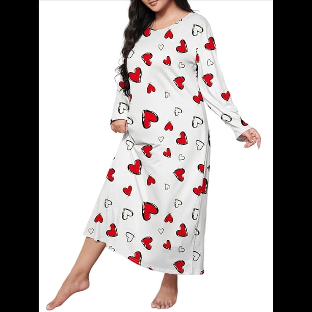 Camisón de Larga para Mujer, Estampado, Camiseta, Vestido de Dormir Amor Rojo 4XL