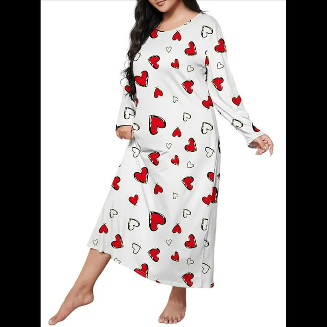 Camisón de Larga para Mujer, Estampado, Camiseta, Vestido de Dormir Amor Rojo XL