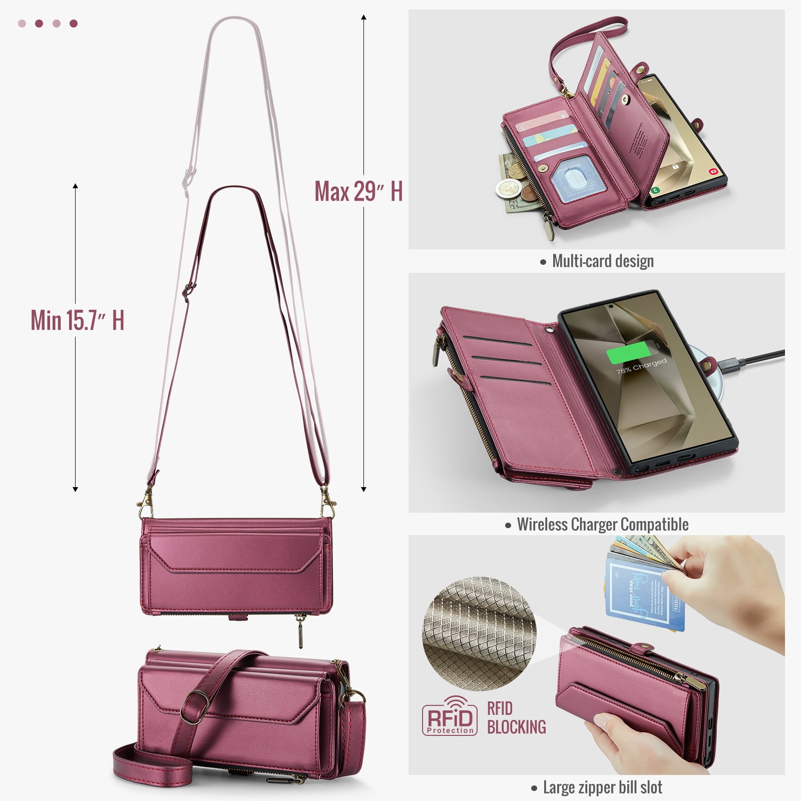 Compatible with Samsung Galaxy S24 Ultra 5G Zipper Wallet Phone Case Tempered Glass Screen Protector Crossbody Lanyard Strap Flip Card Holder Slot Cell Cover for S24Ultra 24S S 24 24U Women Wine Red
