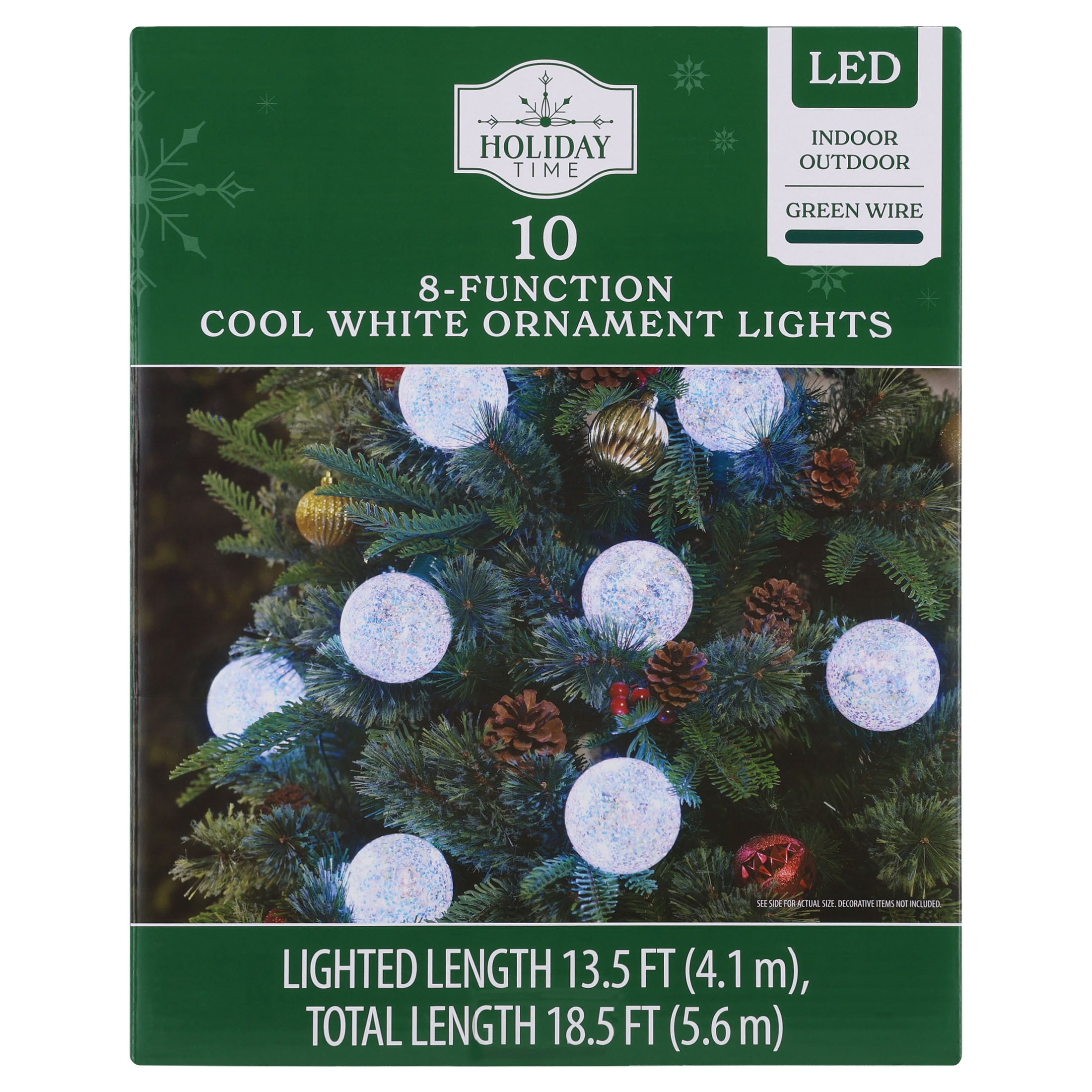 Indoor/Outdoor 10-Count LED 8-Function Glittering G80 Globe Christmas String Lights, Cool White, Green Wire, 13.5', by Holiday Time