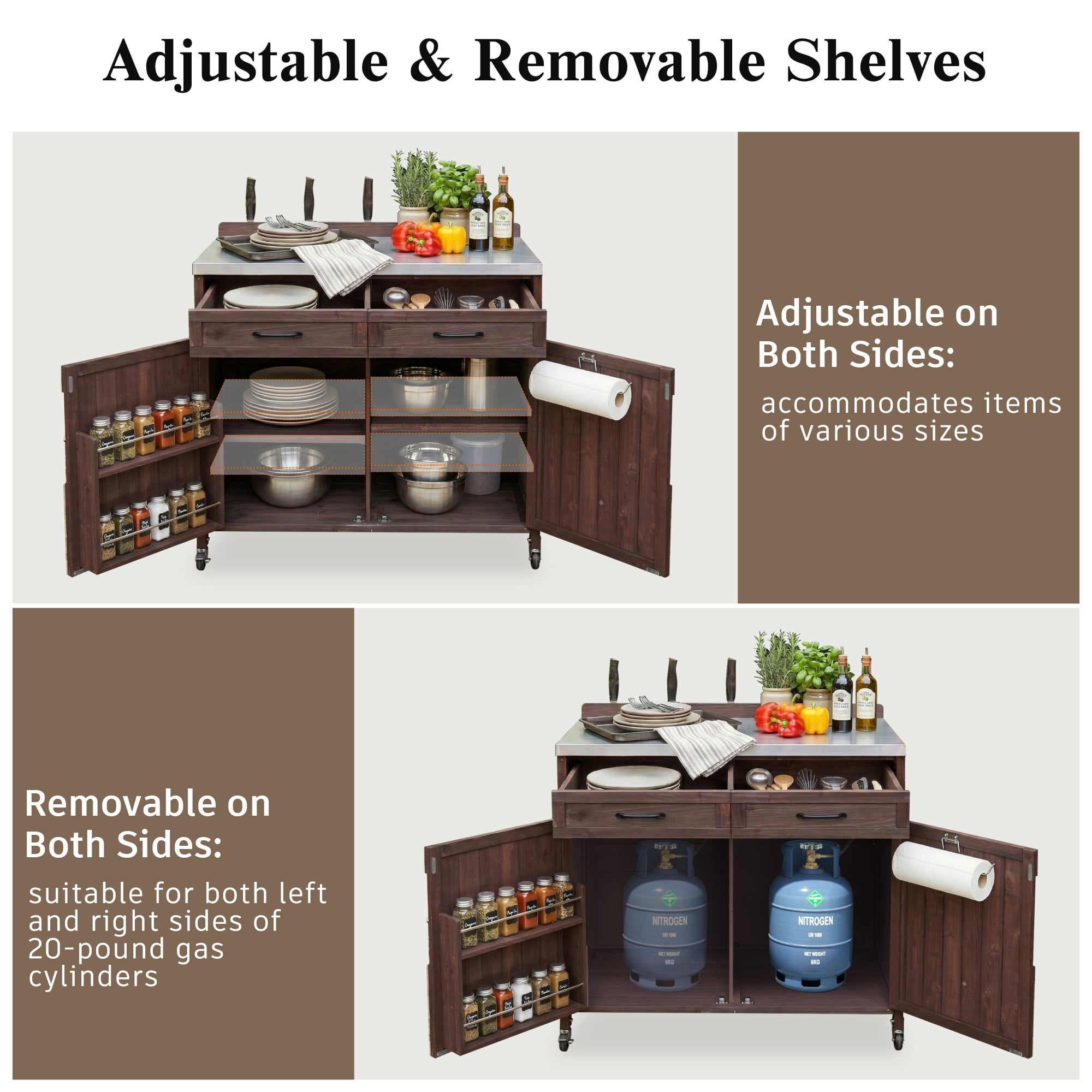 Mintazer 39.4" Outdoor Kitchen Island with Stainless Table Top & Storage Racks, Storage Kitchen Cabinet with Drawer & Adjustable Shelves, Brown
