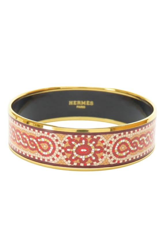 Pre-Owned Hermes GM Glaze Bangle with Mosaic Pattern, Metal, Enamel, Red Gold, and... (Good)