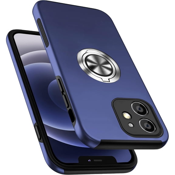 Shockproof Case for iPhone 12 6.1 inch, [Built-in Camera Cover] Military Grade Phone Case Cover with Embedded Metal Ring Stand Kickstand [Support Magnetic Car Holder] for iPhone 12, Blue