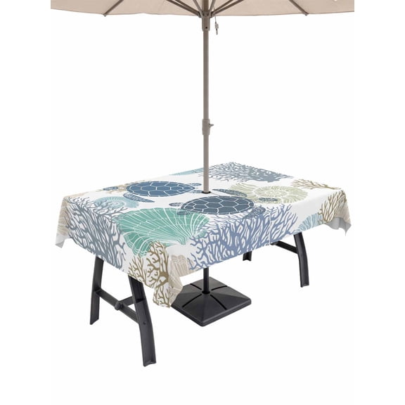Outdoor Tablecloth with Umbrella Hole for Patio/Picnic/Party/Camping, Ocean Turtle Waterproof Table Cloth Rectangle Table Cover Washable, Nautical Sea Coral Conch Shells Watercolor (60"x 102")