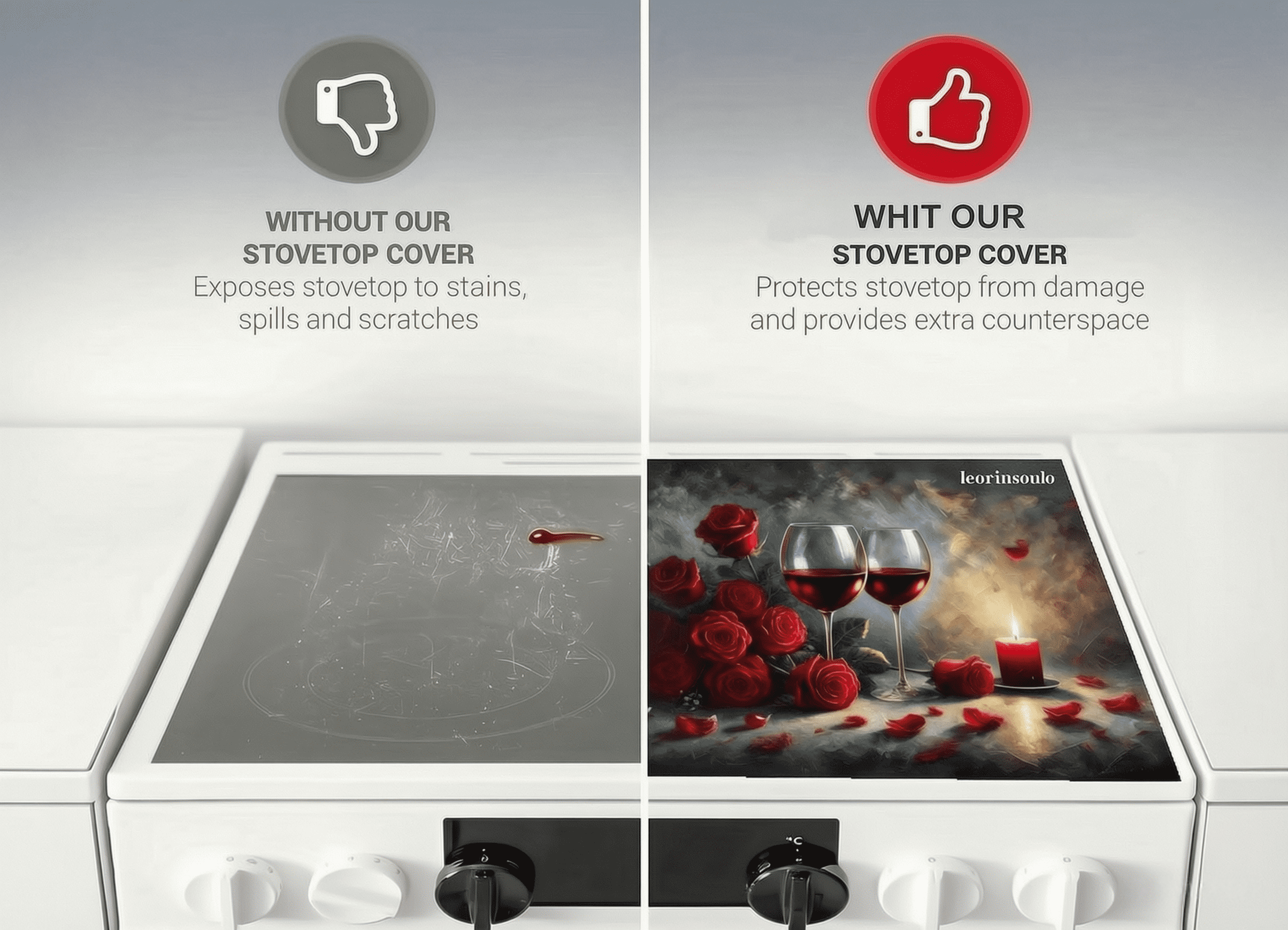 leorinsoulo Heat-Resistant Stove Cover Mat–Wine&Rose Print for Electric Cooktops (28.3×20.5in)