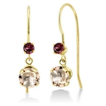 Gem Stone King 14K Yellow Gold Peach Morganite and Red Rhodolite Garnet French Wire Dangle Hook Earrings for Women (0.98 Cttw, Gemstone October Birthstone, Round 5MM and 2.5MM)