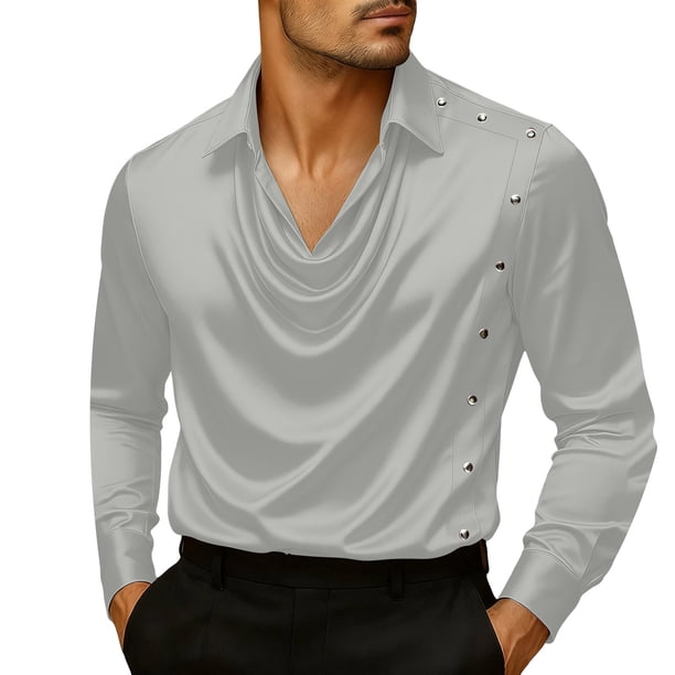 Ceisia Men Long-Sleeve Dress Shirt Silk with Silver Buttons Decoration Resisting Wrinkles Gray S Gift