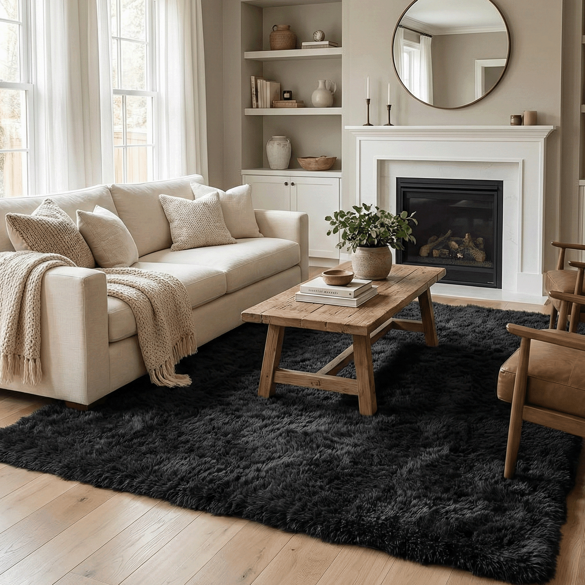Rugs for Living Room, 4'x6' Soft Fluffy Area Rug for Bedroom, Plush Decorative Rug with Anti-Skid Backing, Indoor Home Carpet for Living Room, Black