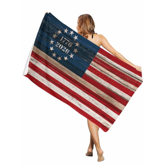 Beach Towel-USA Flag Stripe Star Microfiber Absorbent Quick Dry Oversized Travel Towels,American Anniversary Retro Wood Board Sand Free Lightweight Large Towel for Pool Camping Swim,35x71in