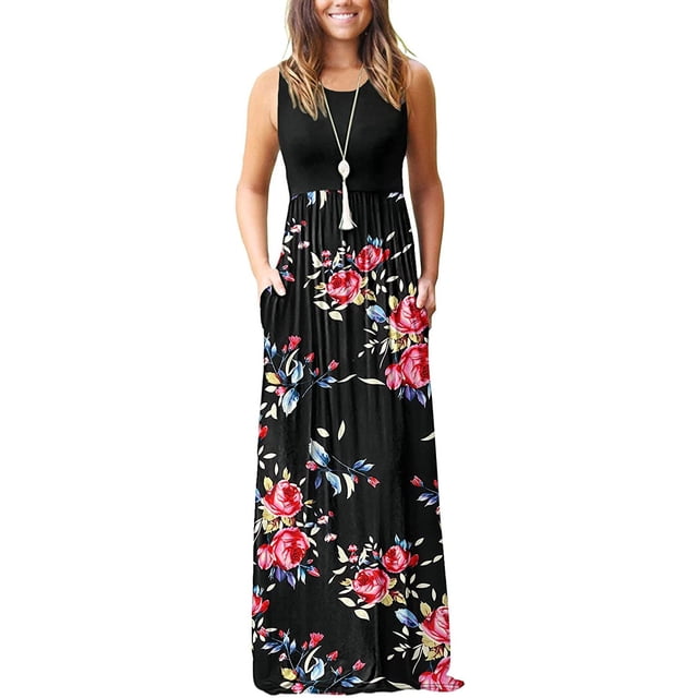 Vestido largo suelto sin mangas de verano para mujer Vestido largo casual con bolsillos Ormromra