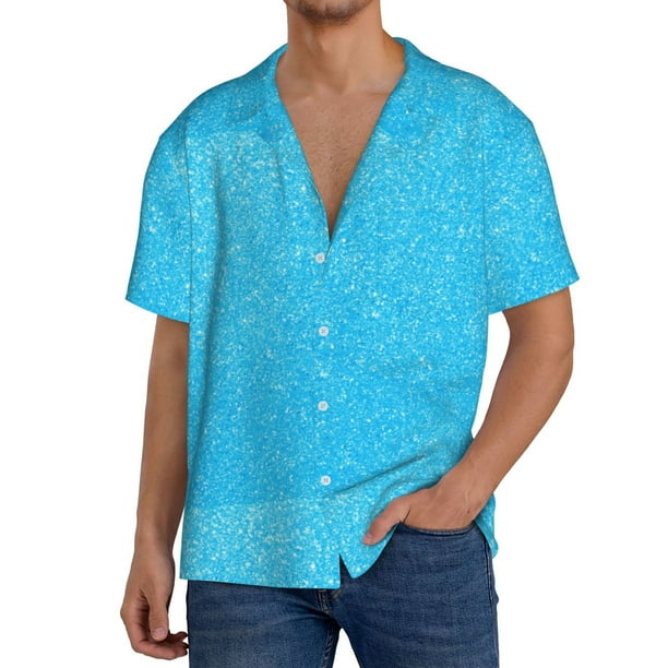 Fotbe Sky Blue Glitter Camisa Estampada de Manga Corta para Hombre, Casual de Verano, Estilo Playero, Sin Arrugas-XX-Large