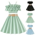 thumbnail image 5 of Gerichy Toddler Girls Sleeveless Solid Color Ruffles Tops Skirt With Belt 3PCS Outfits Clothes Set Cold Shoulder Crop Top Ruffle Layered Top Girl Skirt Sets for Girl, 5 of 5