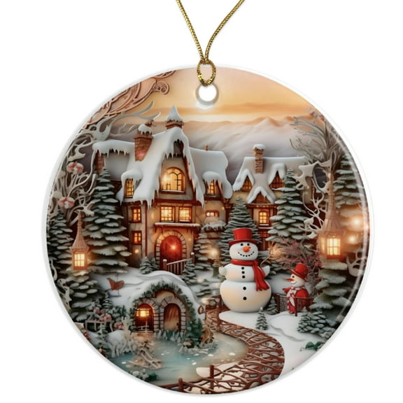 Wintery Town Christmas Village Ceramic Ornament - Beautiful Warm Vintage Ornament - 3 Inch Christmas Tree Round Ornament - Xmas Holiday Decor - String Included - ORNW0053