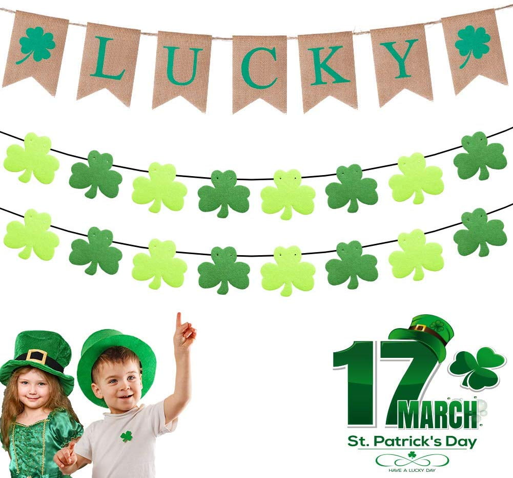 St Patricks Day Party Decoration Shamrock Clover Lucky Garland 3 Banners Irish Party Supplies Green and Light Green Color 