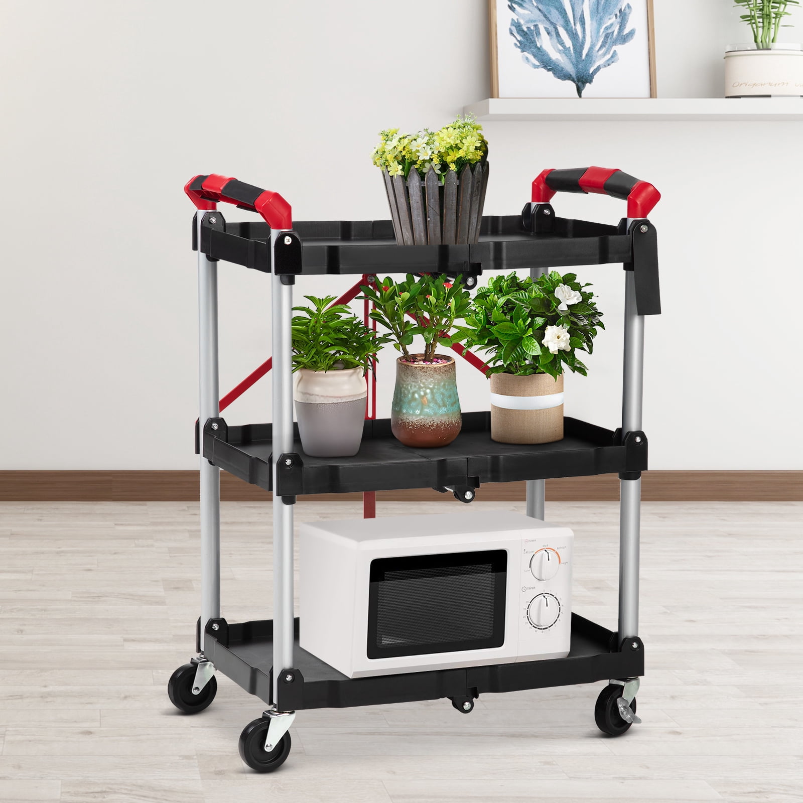 Foldable Utility Carts with Wheels, 3-Tierrolling tool cart,Collapsible Service Cart 168LB for Home, Office, Garage, and Warehouse,No Assembly Required