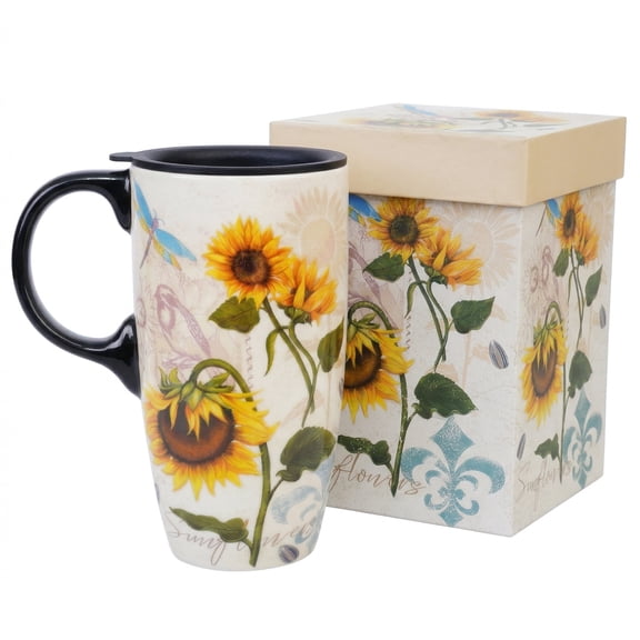 Topadorn Ceramic Mug Sunflower Coffee Cup with Gift Box Latte Mug with Lid, 17 oz Sunflower and Dragonfly