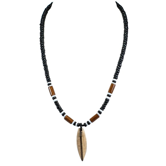 Bluerica Wood Surfboard On Black Coconut Shell Beads Necklace