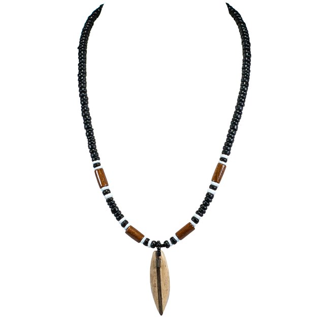 Bluerica Wood Surfboard On Black Coconut Shell Beads Necklace