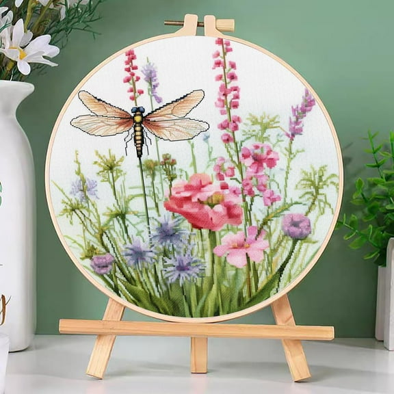 DIY Cross Stitch Kits Dragonfly and Wild Flowers Easy for Beginners with Hoop 11CT Needlepoint Embroidery Counted Stamped Cross Stitch Set Craft Wall Decor 20x20cm(1)