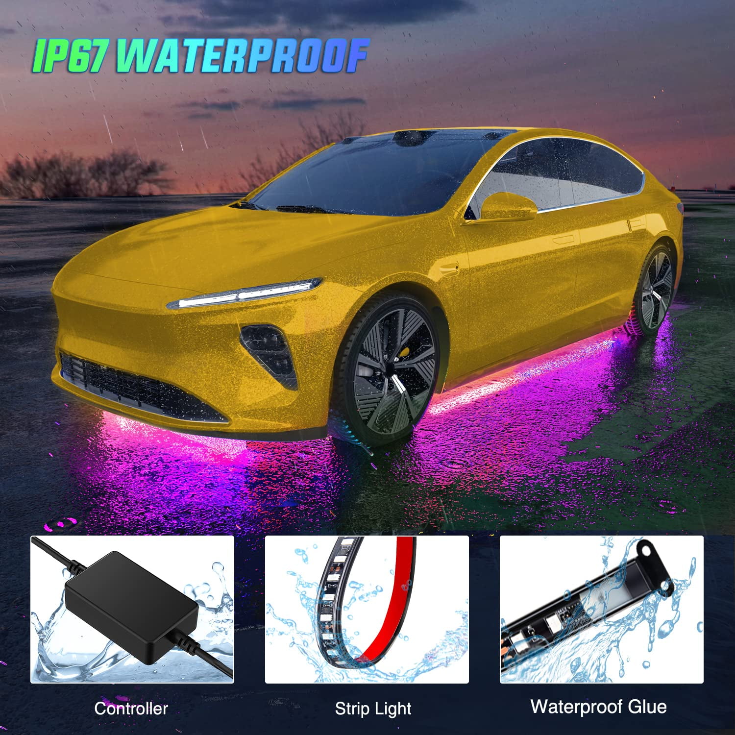 AUTOXBERT 4Pcs Car Underglow Neon Accent Strip Light LED RGB Multi Color DIY APP Function