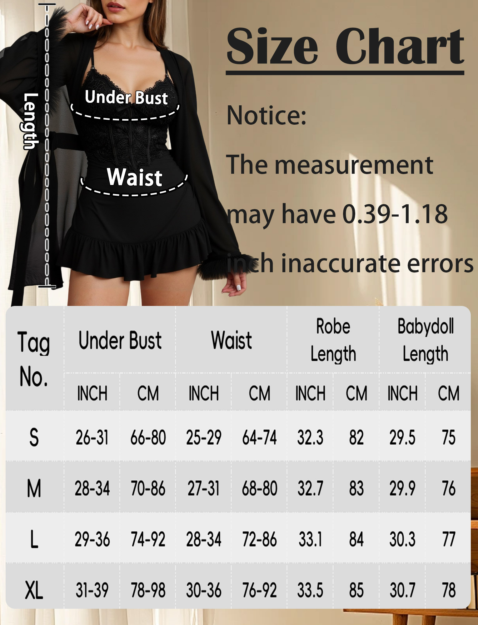 Aivtalk Lingerie Sets for Women Sexy 2 Piece Lace Mesh Kimono Robe Cami Nightgown Long Sleeve Robe Sheer Ruffled Babydoll Strap Chemise Sleepwear Pajamas Sets Black S