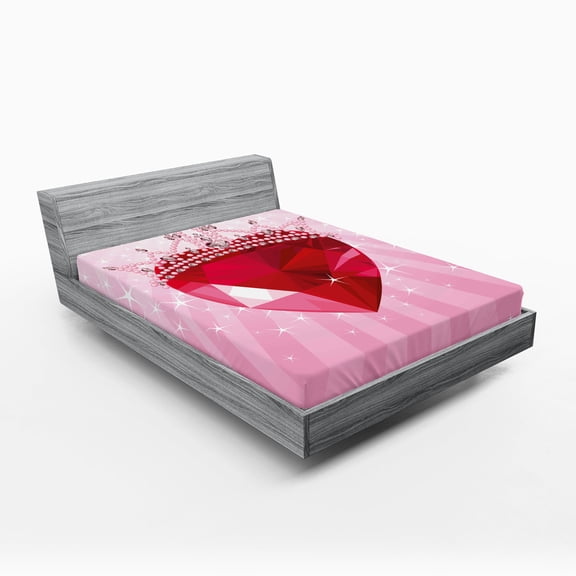 Ambesonne Queen Fitted Sheet, Red Heart Crown Girls, Queen Size, Pink Red