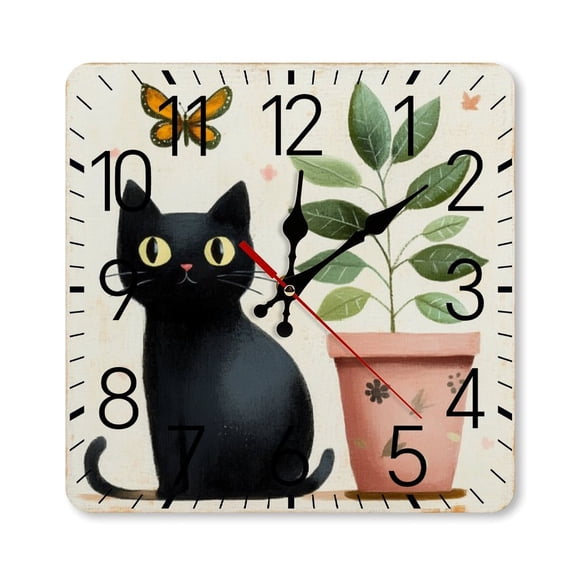 RKSupls 10×10inch Square Silent Wall Clock Wooden Frame, Black Cat Plant Butterfly Scale Decorative Clock for Home Bedroom Living Room Office