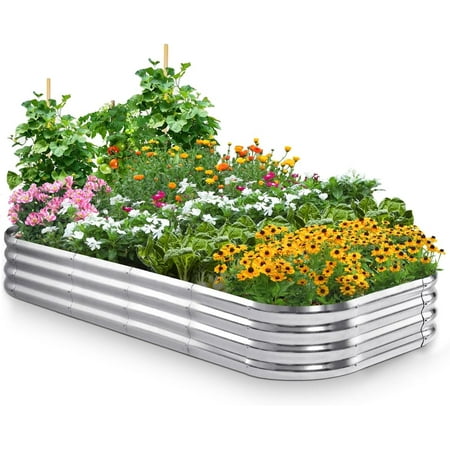 Quictent Galvanized Raised Garden Bed Kit, 6X3X1Ft Oval Large Metal Outdoor Planting Box, Ground Planter Strengthened By Crossbar, Silver
