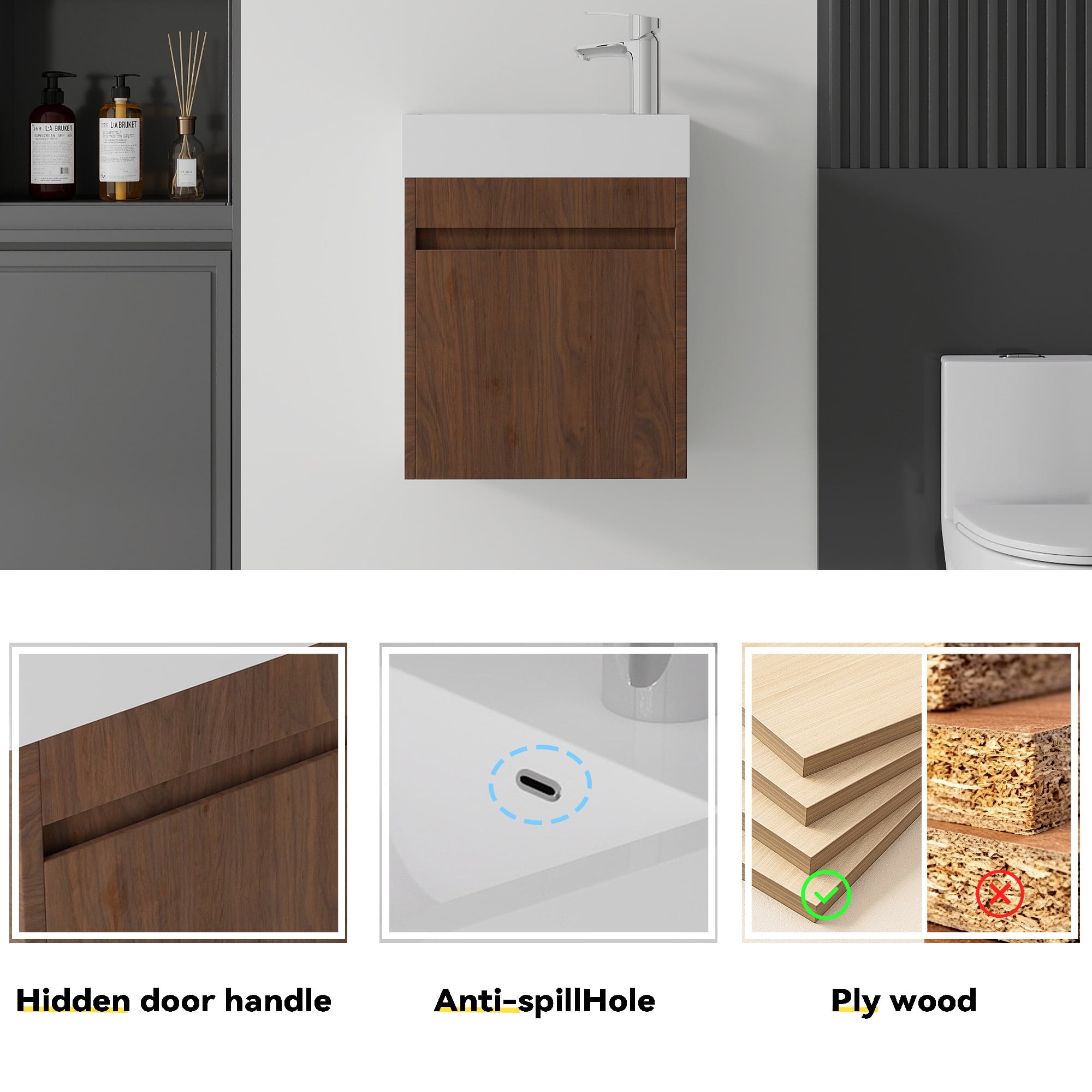 Leumius 18" Floating Bathroom Vanity with Ceramic Sink,Modern Wall Mounted Basin Cabinet with Soft-Close Doors for Small Bathrooms,Brown