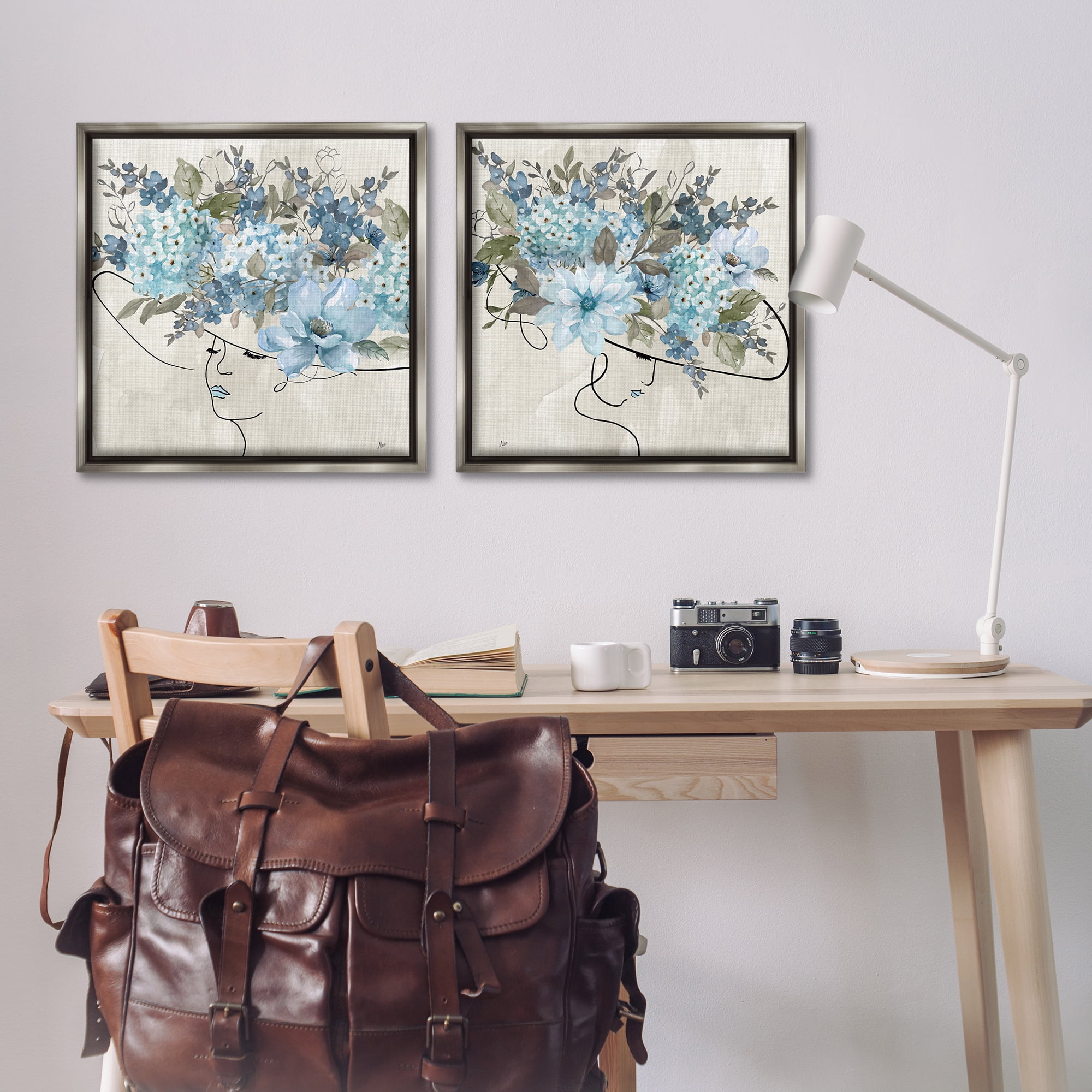 Stupell Industries Female Figure Floral Hat People Painting Gray Floater Framed Canvas Art Print Wall Art, 25 x 25, Set of 2