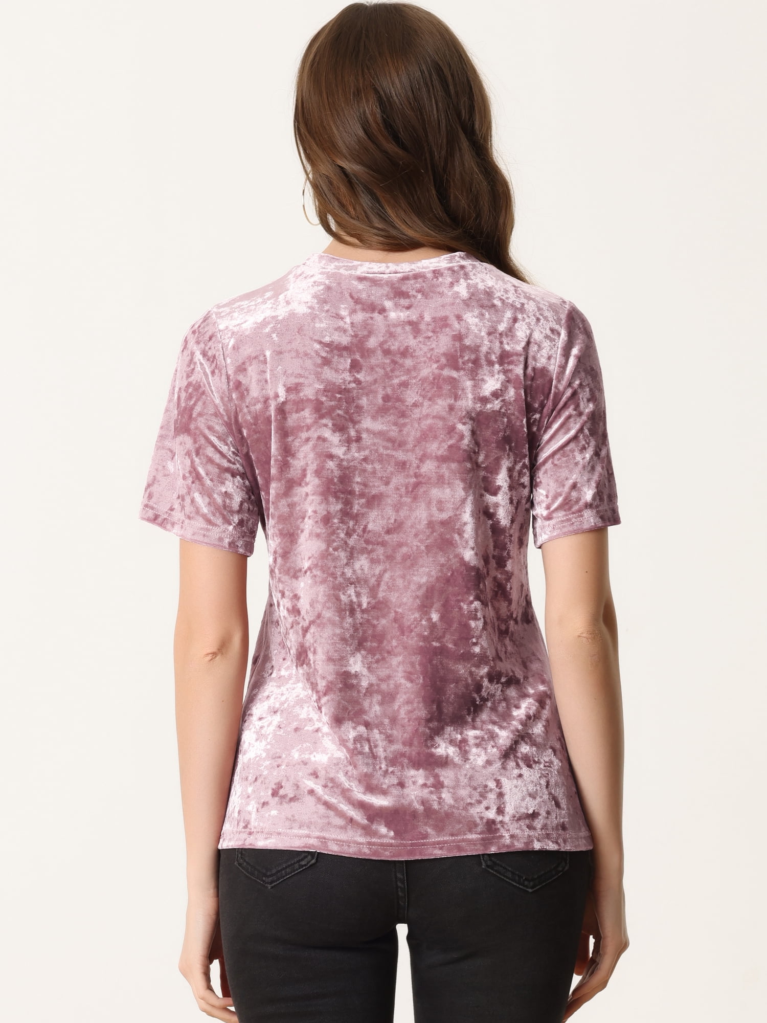 Unique Bargains Women's Casual Solid Round Neck Short Sleeve Velvet Top Pink L