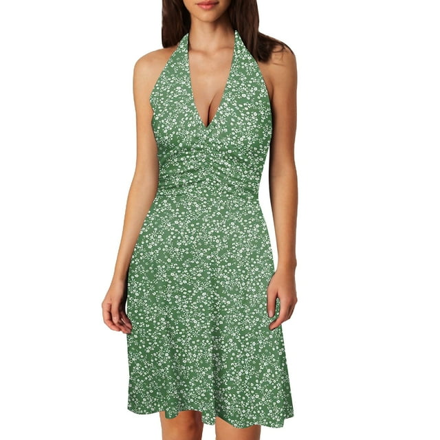 Women Summer Sleeveless Neck Shirt Dress Spring Boho Floral with Womens Dresses for Work Pocket Elastic Waist Ruffle Summer Shirt Dresses for Women Mini Dresses