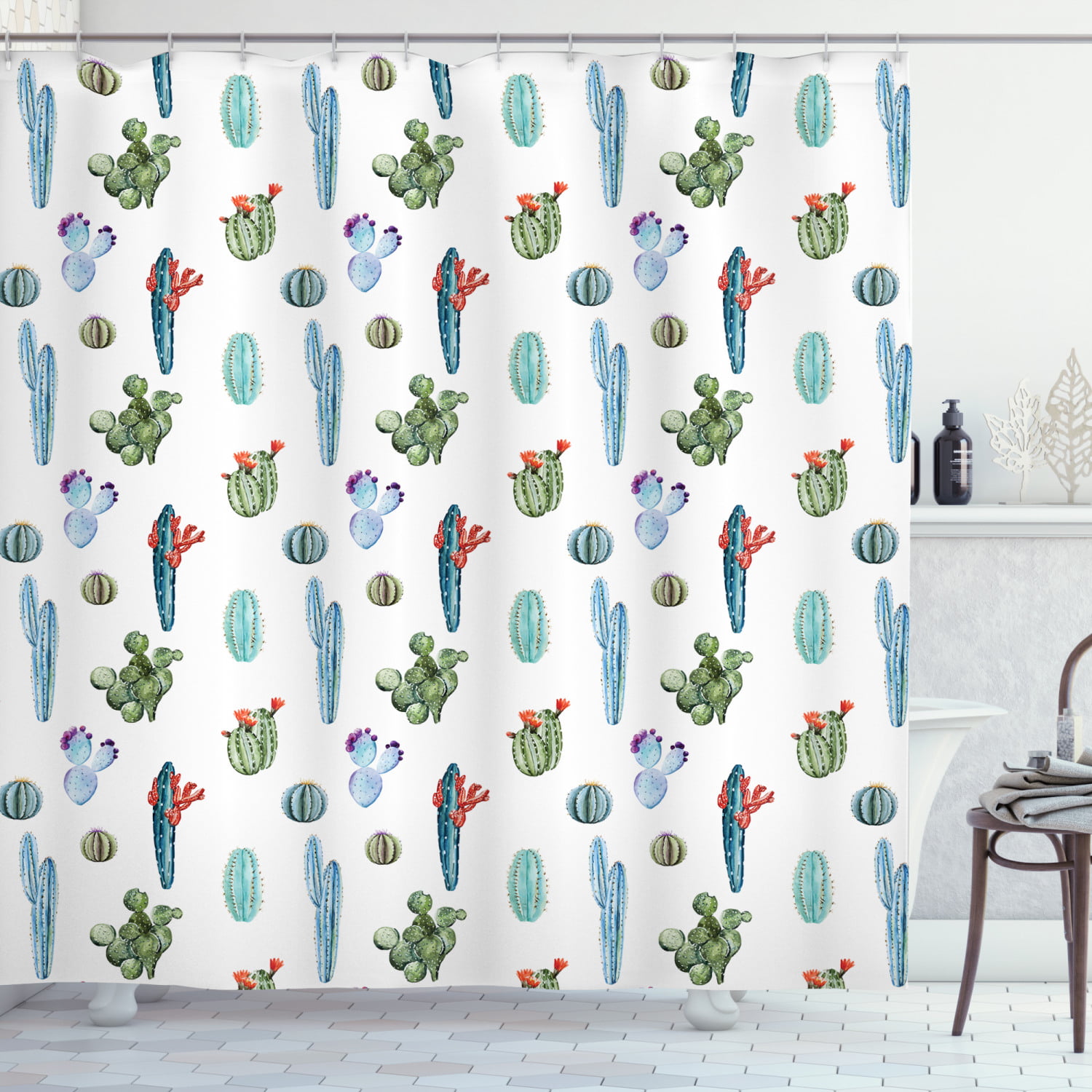 Nature Plant Succulents Cactus Waterproof Fabric Shower Curtain Liner & 12 Hooks 