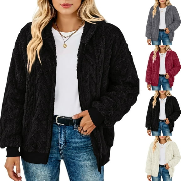 Stichou Womens Fleece Zip Up Jacket with Pockets Oversized Long Sherpa Hoodie Fuzzy Jackets Warm Teddy Coat Black 2XL