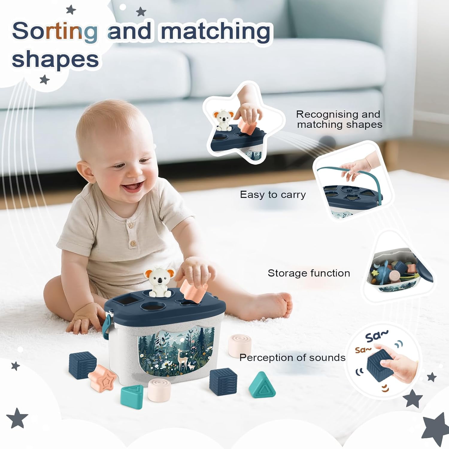 5-in-1 Montessori Baby Toy Set for 6-12 Months, Shape Sorter, Stacking Rings, Soft Blocks, Wooden Activity Toy and Xylophone, Sensory Development and Educational Gift for Infants and Toddlers