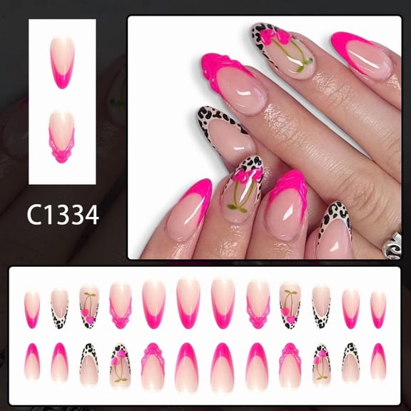Almond Press on Nails Rose Red French Tips Nails Press on Medium Fake Nails with Cherry Design Reusable Leopard Prints Glue on Nail Glossy Cheetah False Nail Cute Nail for Women Manicure 24Pcs
