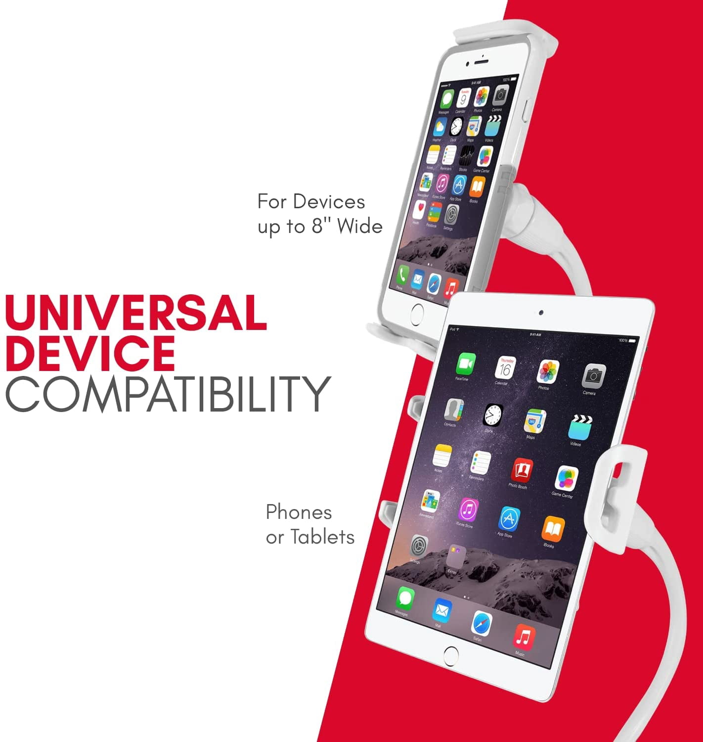Macally Adjustable Gooseneck Tablet and Phone Stand with Secure Clip for Bed, Desk, Stroller, Bike - Universal