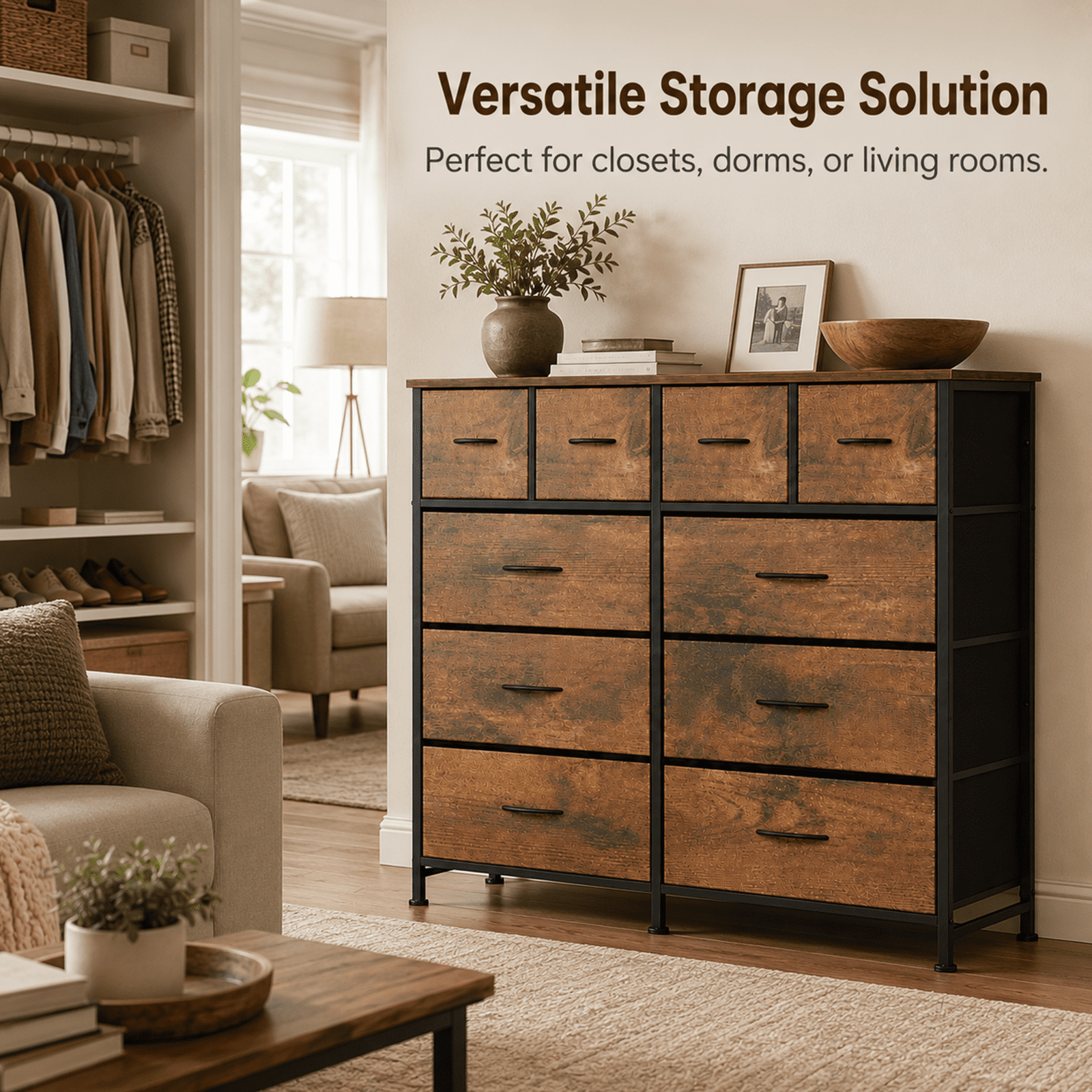 Alvantor 12-Drawer Dresser, Fabric Storage Tower for Bedroom, Hallway, Entryway, Closet, Tall Chest Organizer Unit with Fabric Bins, Steel Frame, Wood Top, Easy Pull Handle