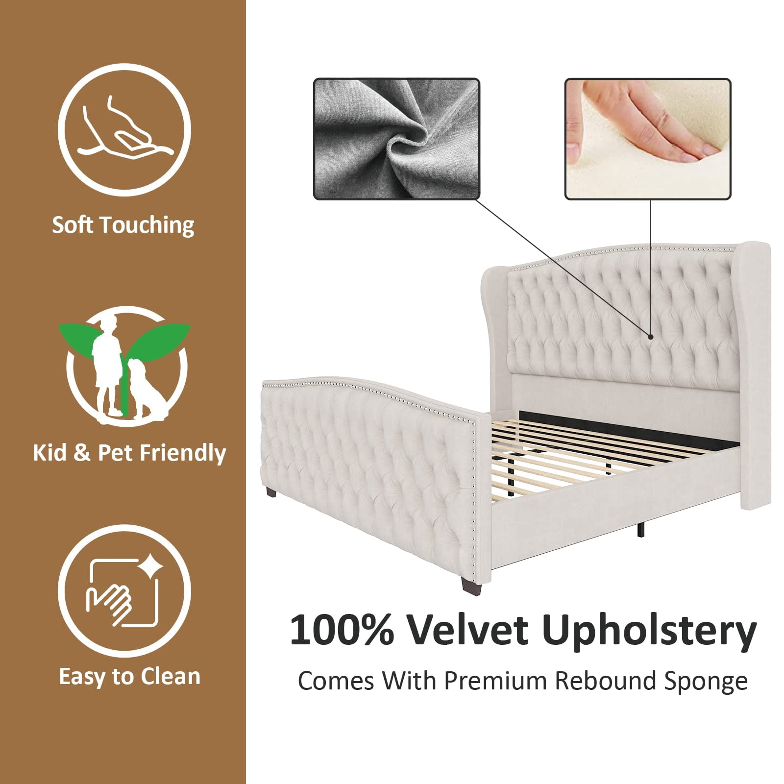 Merluxy California King Size Platform Bed Frame, Velvet Upholstered Bed with Deep Button Tufted & Nailhead Trim Wingback Headboard, Cream