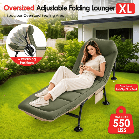 XL Folding Camping Cot for Adults, Heavy Duty Portable Folding Bed with 6-Position Adjustable Recliner, Padded Mattress, Built-In Pillow, Indoor Outdoor Cot, 550 LBS Capacity