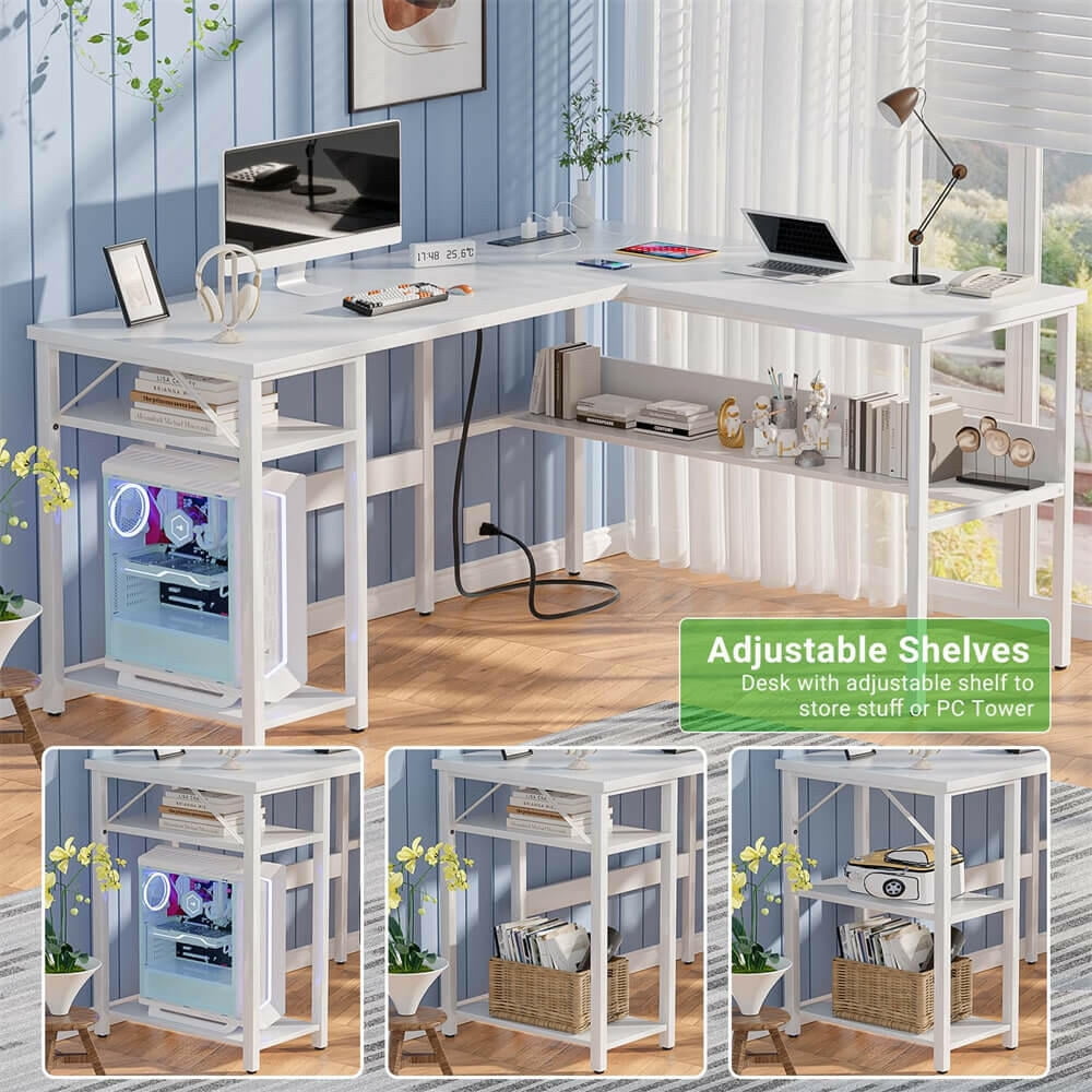 iSunirm Home Office L Shaped Desk with Magic Power Outlets and USB Charging Ports, 50.4"D x 42.5"W x 29"H, Storage Shelves, Reversible L Shaped Desk, Suitable for Students & Adults, White