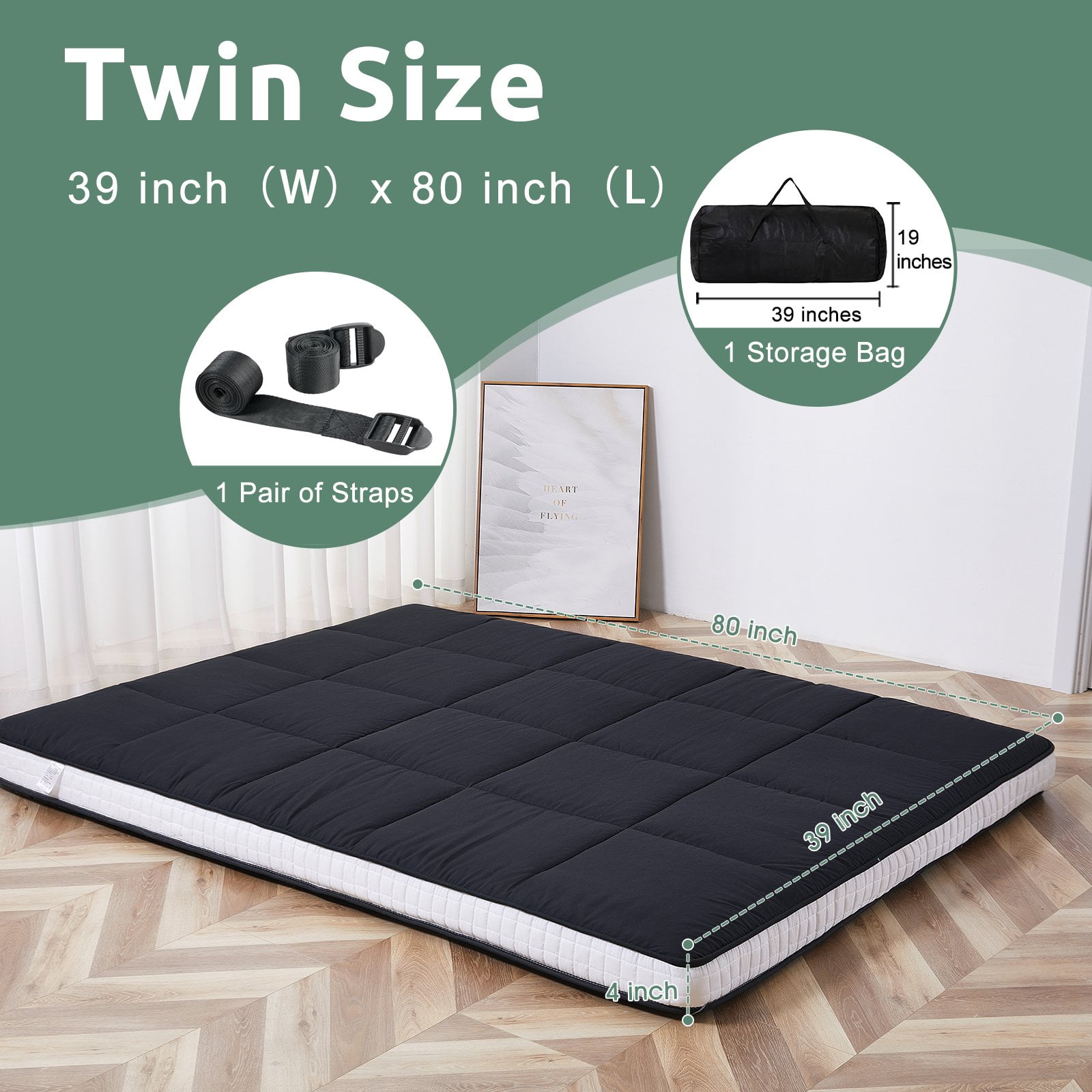 Slsy 4" Foldable Twin Firm Fabric Floor Mattress with Storage Bag