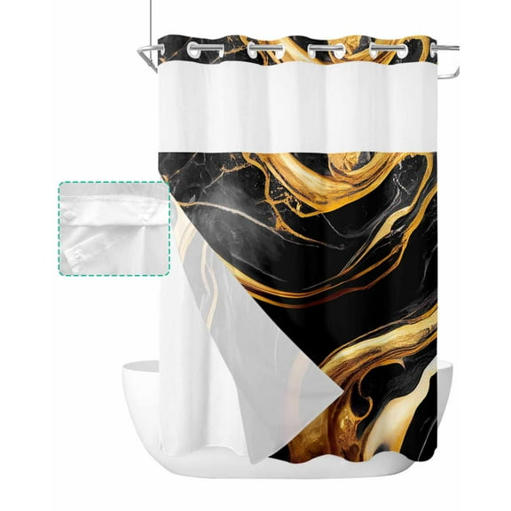 No Hook Shower Curtain with Snap in Liner, Geometric Abstract Black Marble Gold Edge Hotel Shower Curtains for Bathroom, Washable Shower Curtain Liner Set with Mesh Top Window, 48"x72"