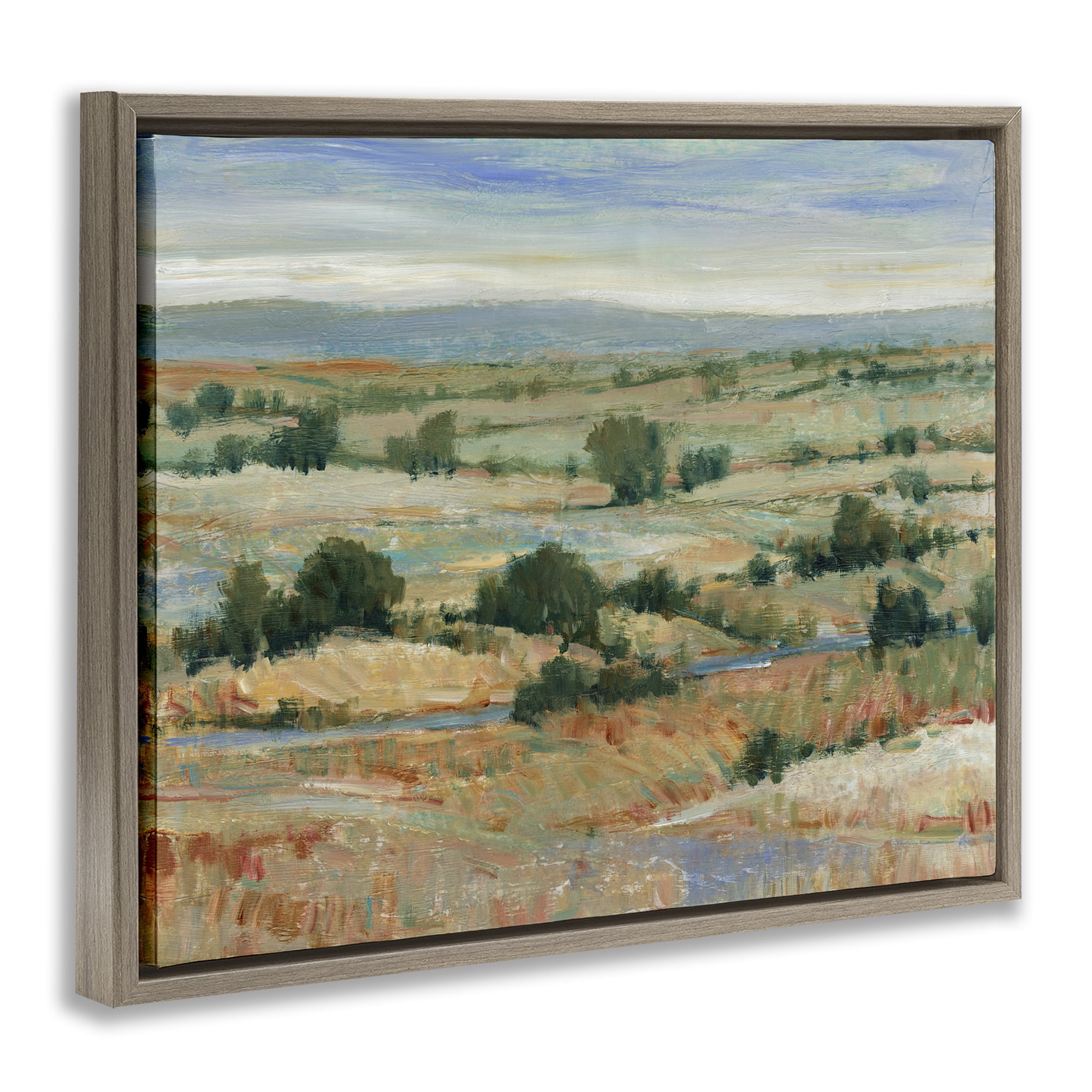 Stupell Industries Distant Farmland View Landscape & Nature Painting Brown Floater Framed Canvas Art Print Wall Art, 31 x 25
