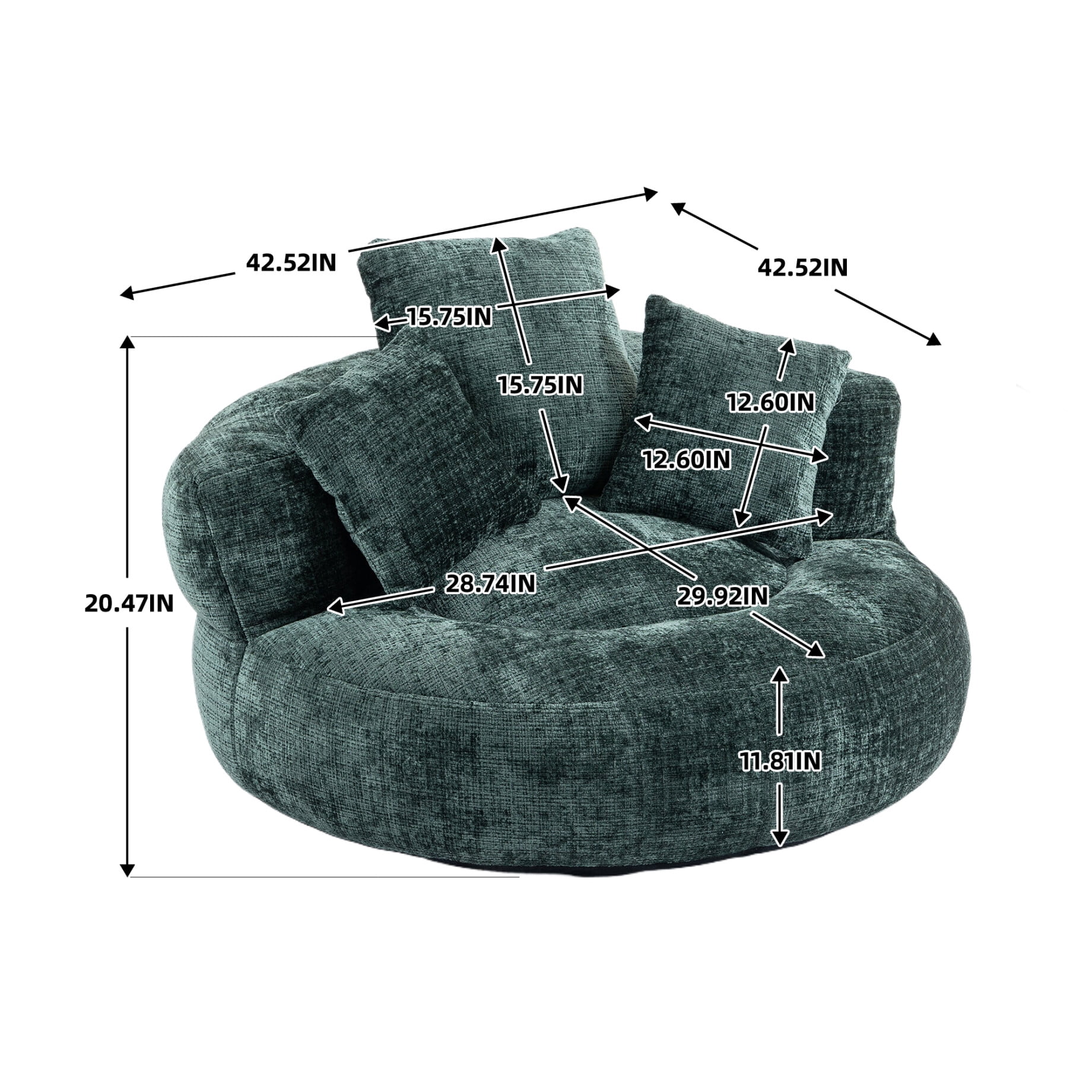 Oversized Chenille Bean Bag Chair for Adults & Kids, Indoor & Outdoor Lazy Bean Bag Sofa with Wrap-Around Backrest & Pillows for Bedroom, Living Room, Playroom, 42.52''x42.52''x20.47'', Emerald