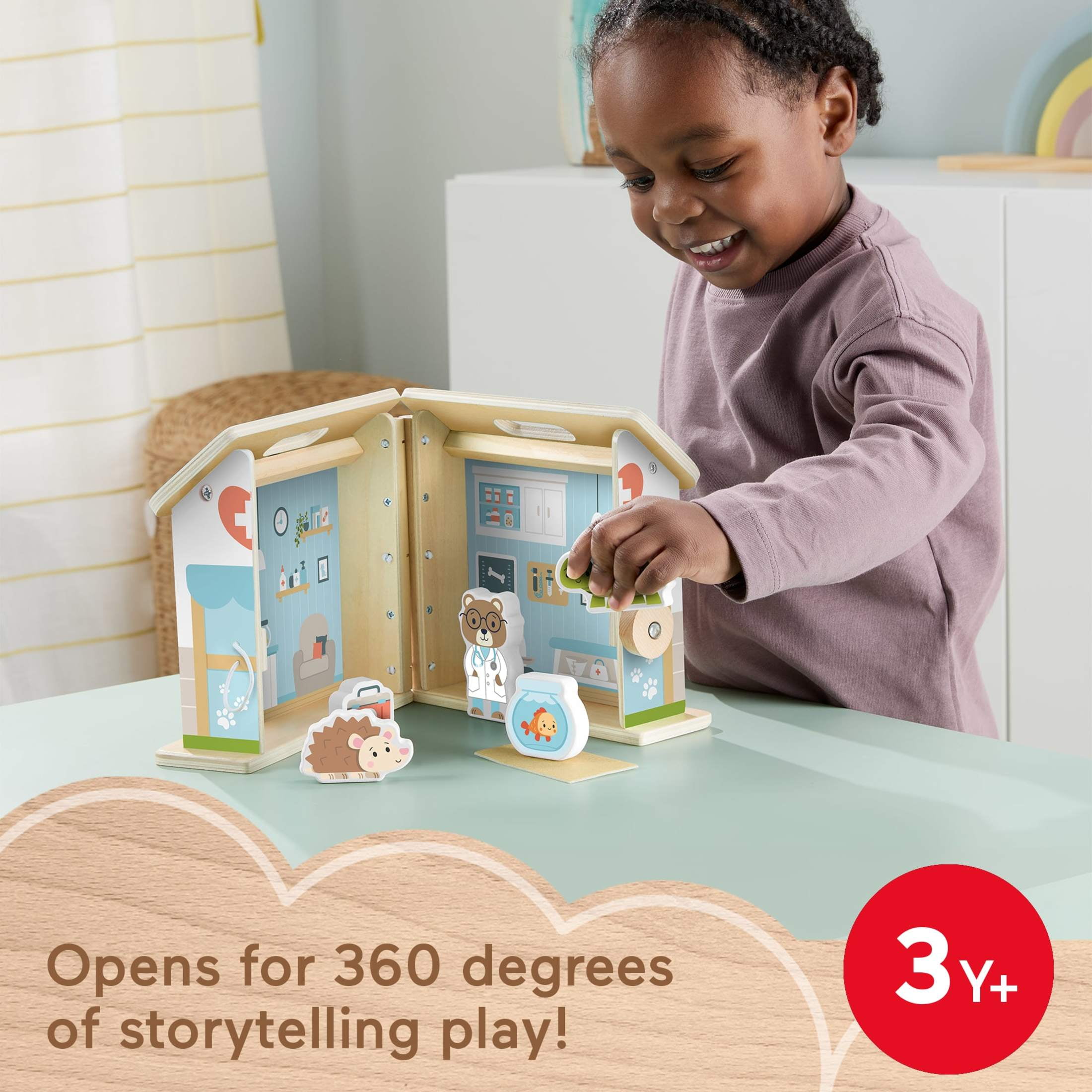 Fisher-Price Wooden on-the-Go Pet Animal Hospital Dollhouse with 6 Play Pieces for Preschool Kids Ages 3 and up