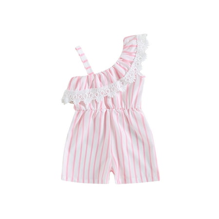 

aturustex 1-5 Years Toddler Girls Jumpsuit Sleeveless Romper Ruffled Lace Patchwork Striped Short Bodysuit for Casual Daily